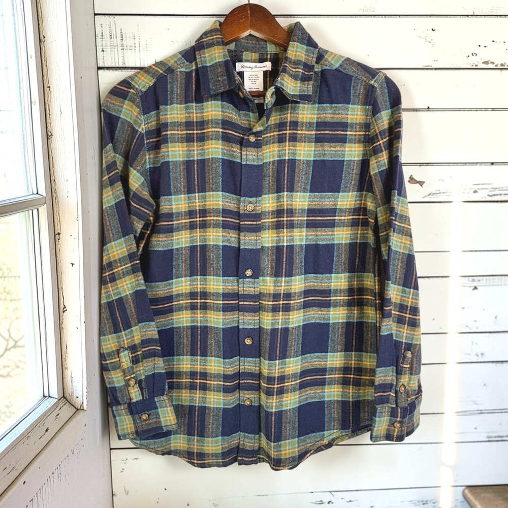 Tommy Bahama Kids XL 14 Plaid Button Down Shirt Navy Green Orange Flannel NWT